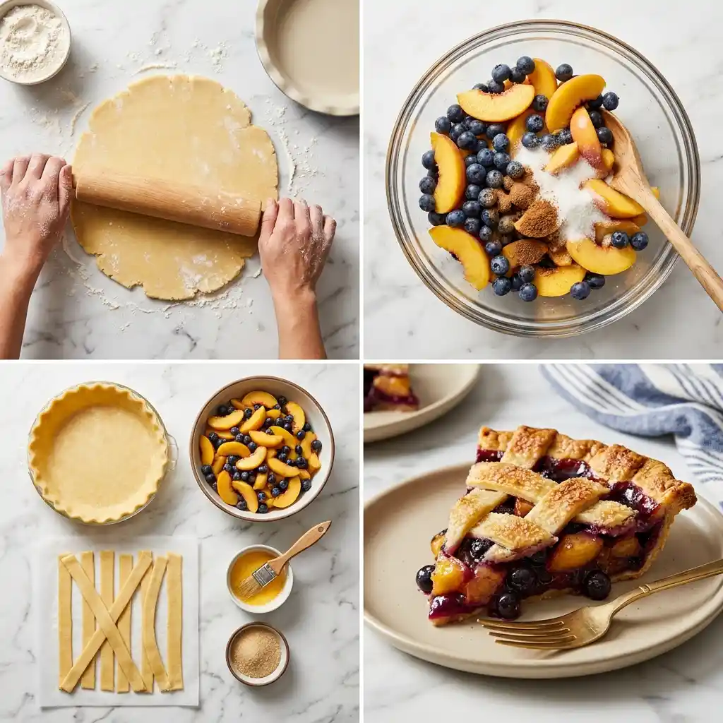 Step-by-step peach blueberry pie: roll crust, mix filling, assemble lattice, serve slice. Visual guide.