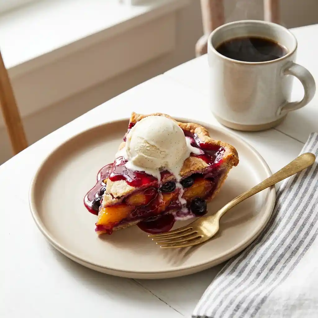 Peach blueberry pie slice topped with vanilla ice cream on a plate beside a coffee mug. Cozy summer dessert.