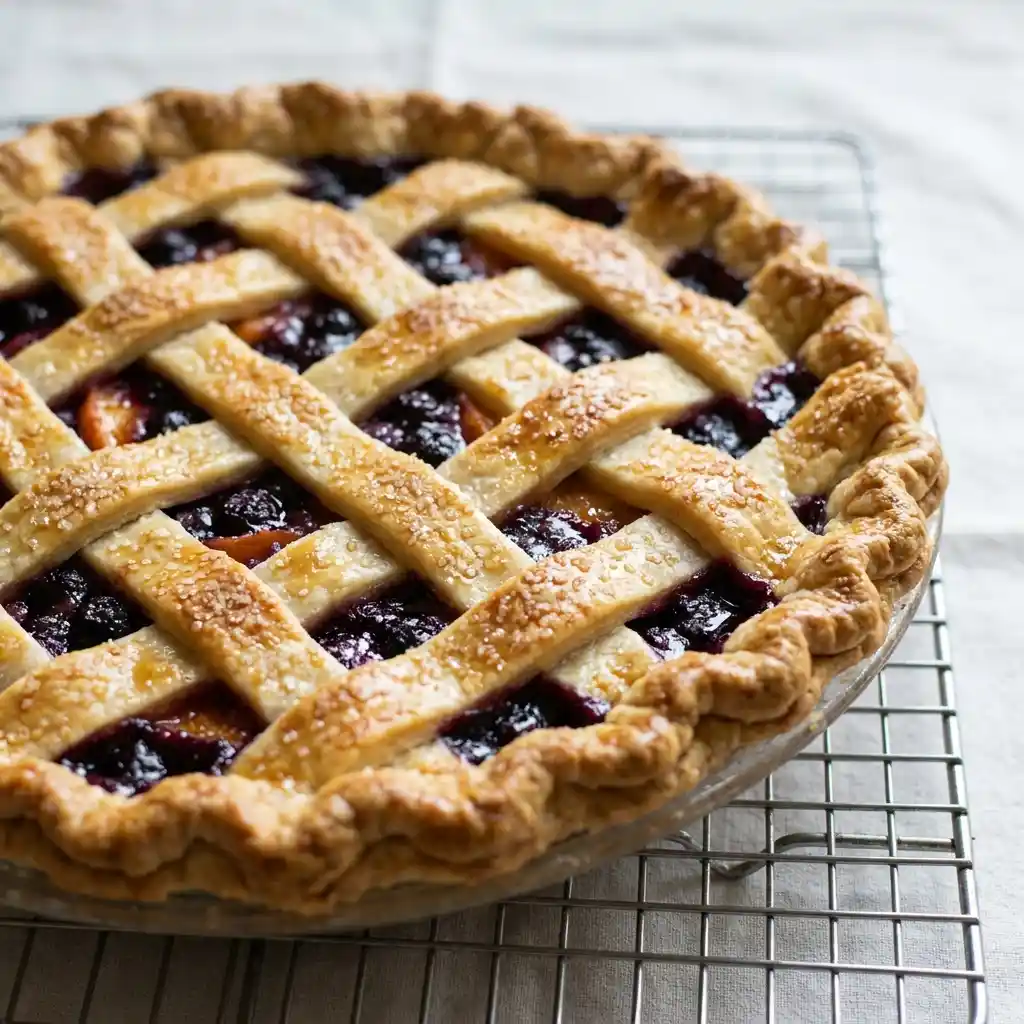 Whole peach blueberry pie with golden lattice crust cooling on wire rack. Homemade summer dessert.