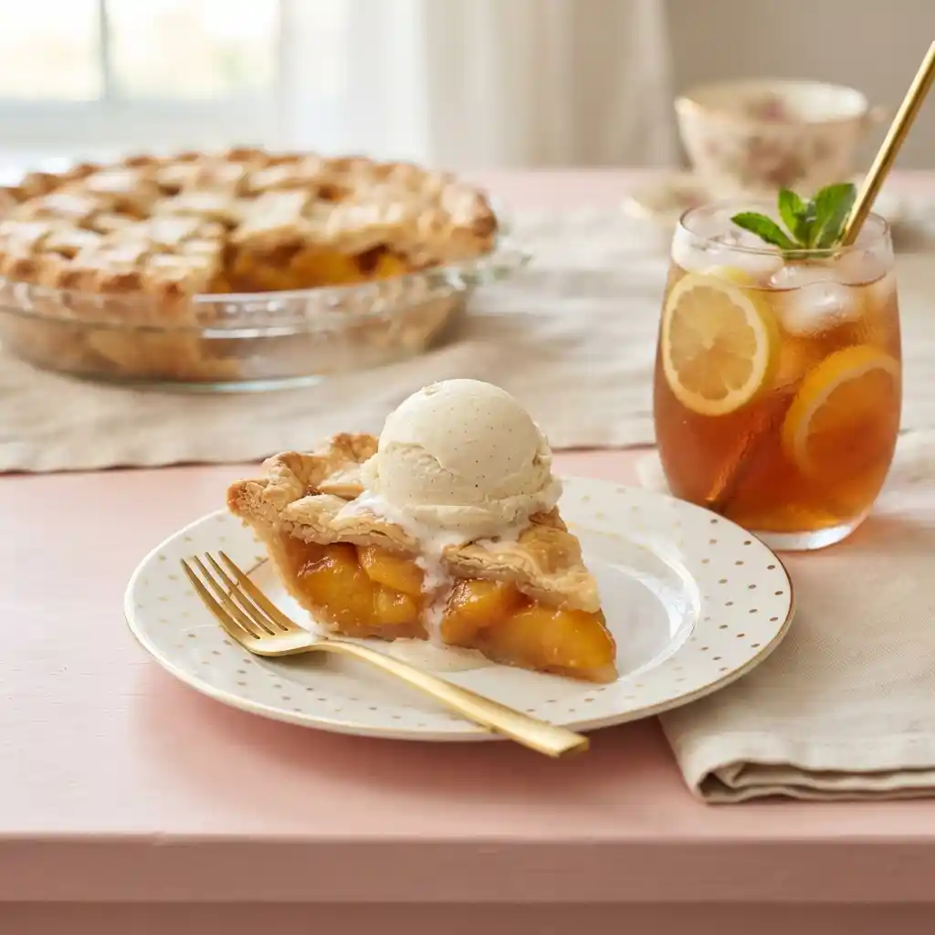 Peach pie slice with ice cream served beside iced tea with lemon. Pink table setting with whole pie
