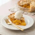 Slice of homemade peach pie with vanilla ice cream on a white polka dot plate. Gold fork beside it