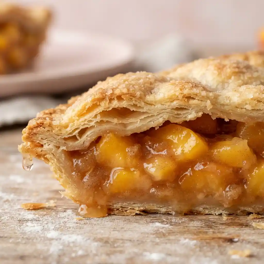 Close-up of flaky peach pie crust dripping with sweet fruit filling. Rustic wooden table background