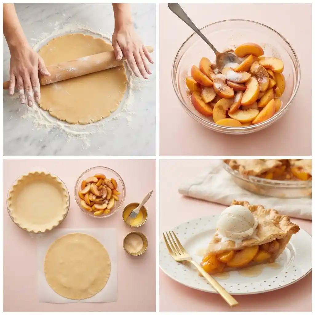 How to make peach pie: roll crust, mix filling, assemble, bake. Serve slice with ice cream. 4-step guide