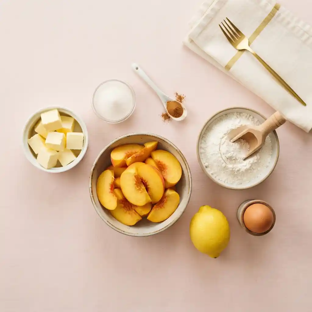 Peach pie ingredients: sliced peaches, cubed butter, flour, sugar, cinnamon, lemon, egg. Pink background