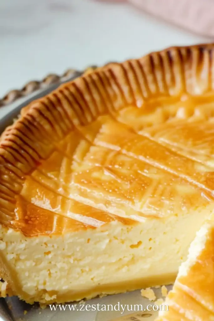 Close-up of Ricotta Pie slice showing creamy white filling and golden patterned crust. Italian dessert on silver platter