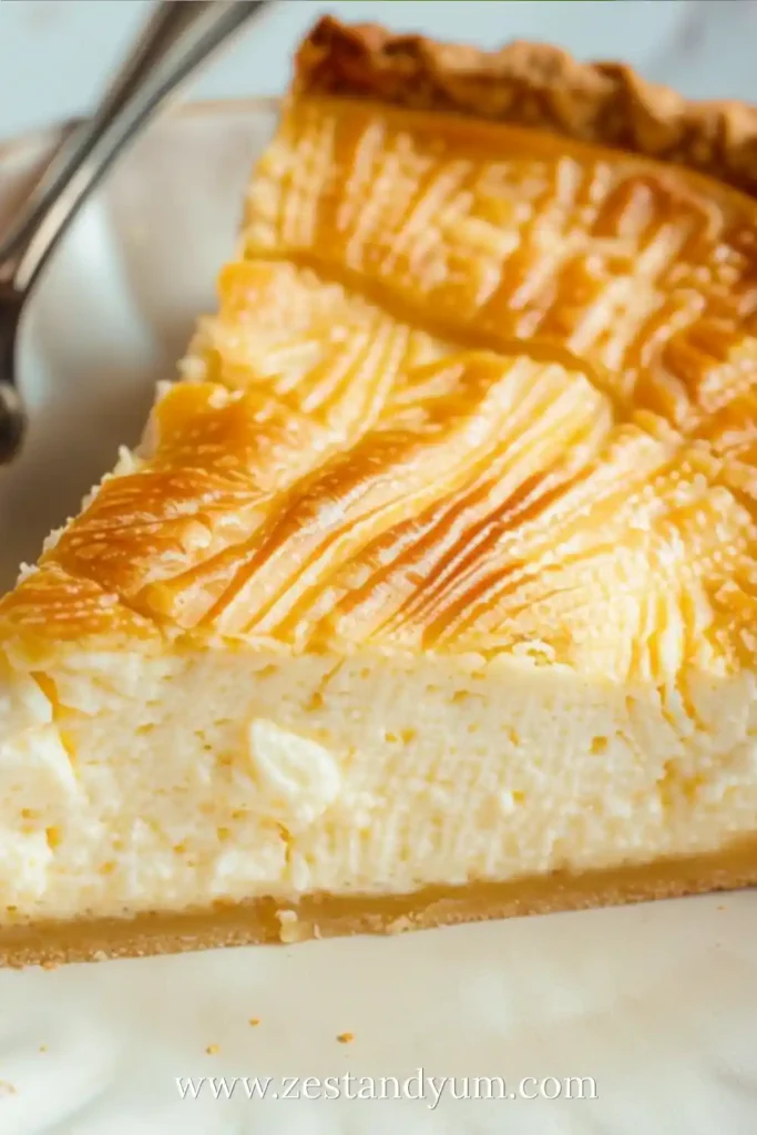 Extreme close-up of a slice of Ricotta Pie. Highlighting the smooth creamy texture and golden scored top crust