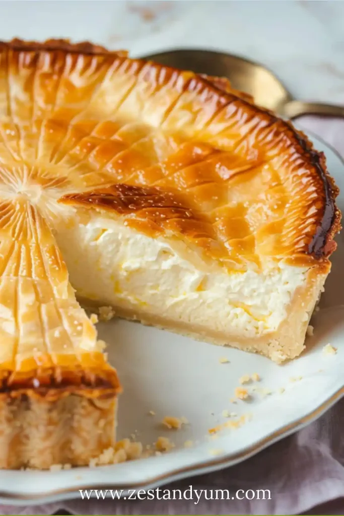 Whole Ricotta Pie with a slice removed, revealing a creamy interior and intricate sunburst crust design
