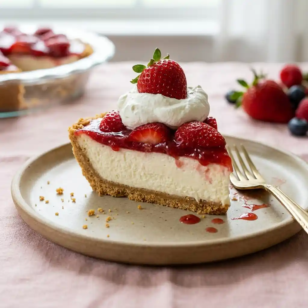 Slice of Strawberry Cream Cheese Pie with graham cracker crust, strawberry topping, and whipped cream on a plate.
