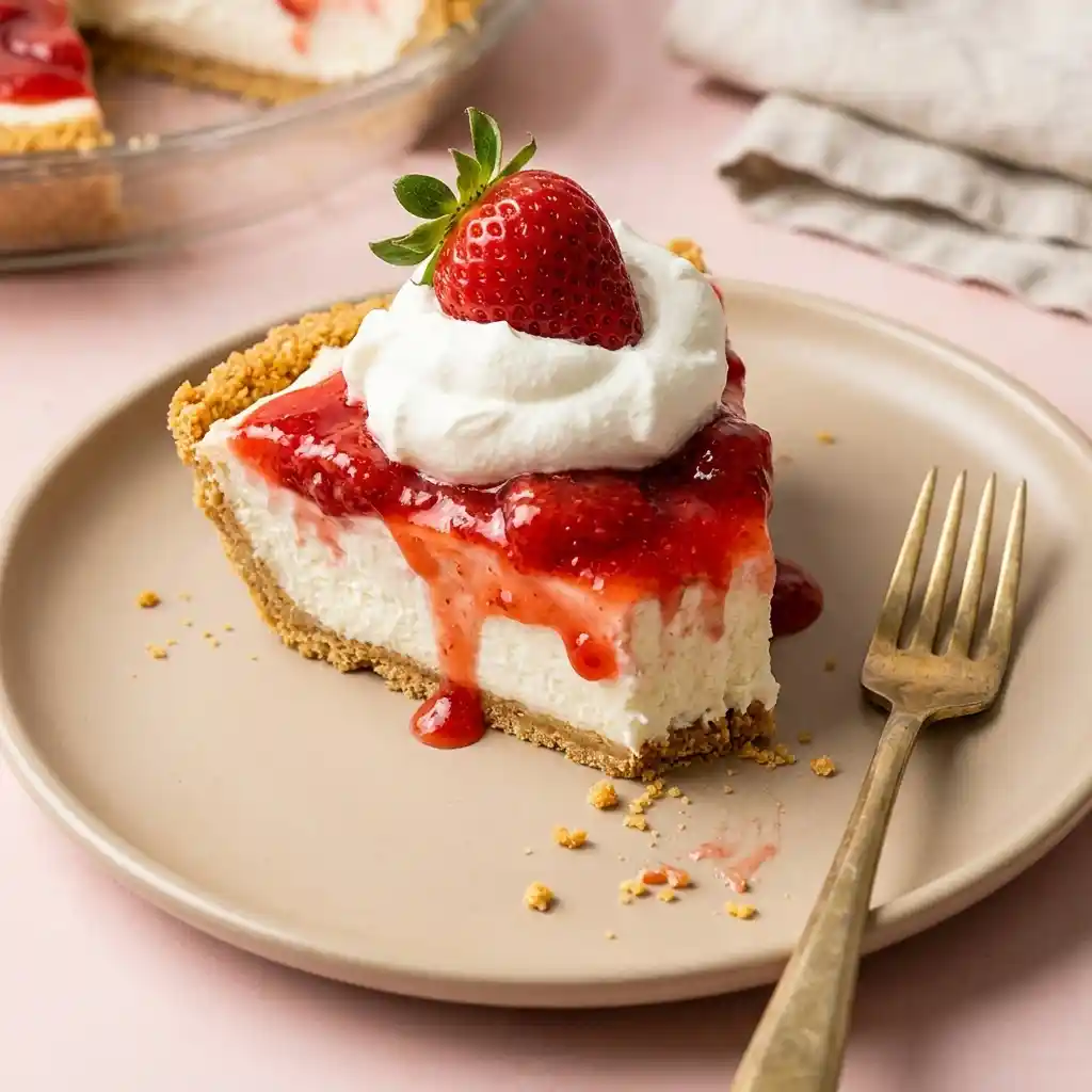 Slice of creamy strawberry pie with graham cracker crust and glaze on a plate next to a gold fork.