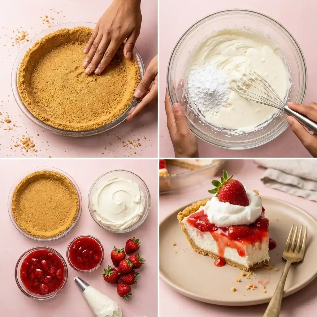 Step-by-step collage for Strawberry Cream Cheese Pie showing crust prep, mixing filling, ingredients, and serving.