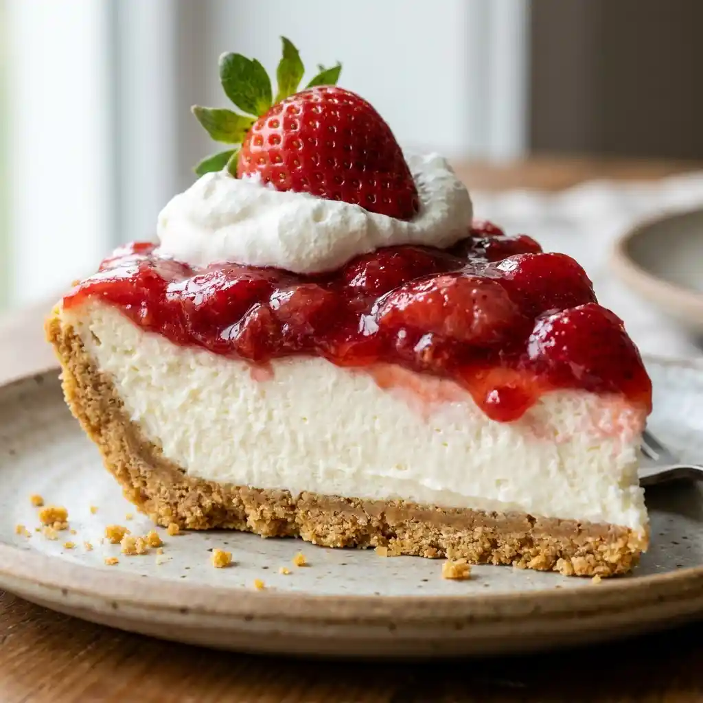 Side profile of Strawberry Cream Cheese Pie slice showing layers of crust, cream cheese filling, and strawberry topping.