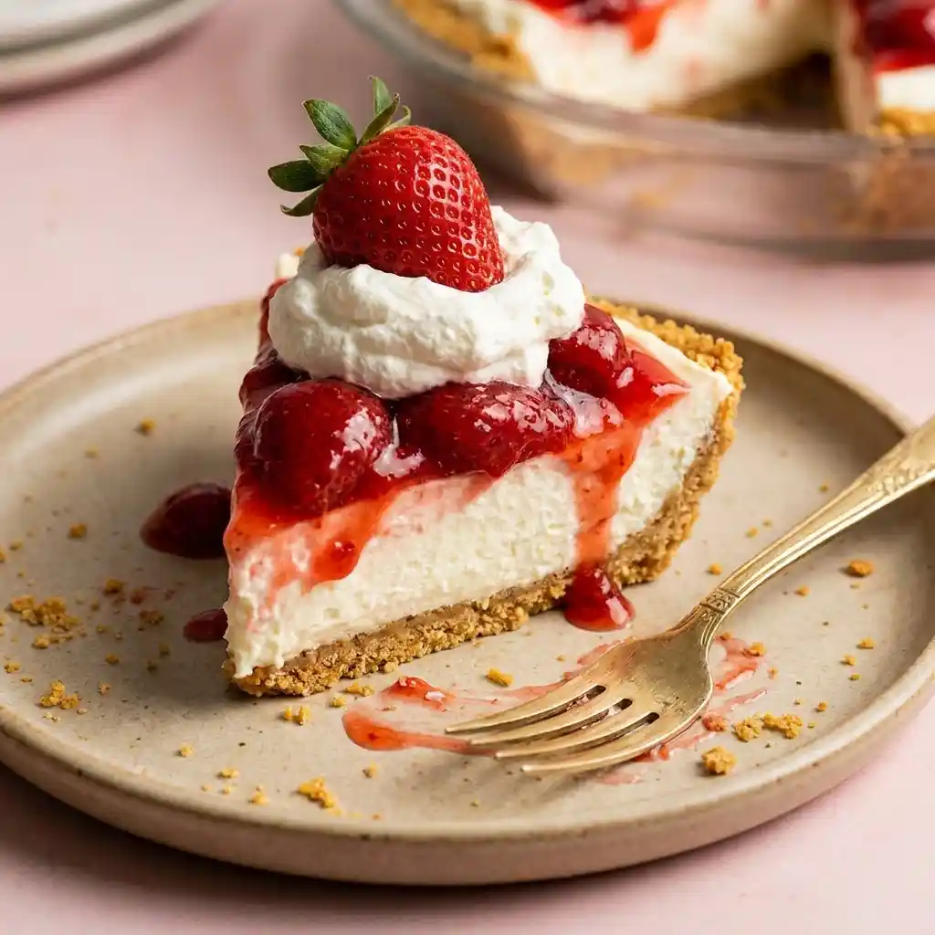 Close-up of Strawberry Cream Cheese Pie slice with fresh strawberry and whipped cream on a beige plate with a fork.