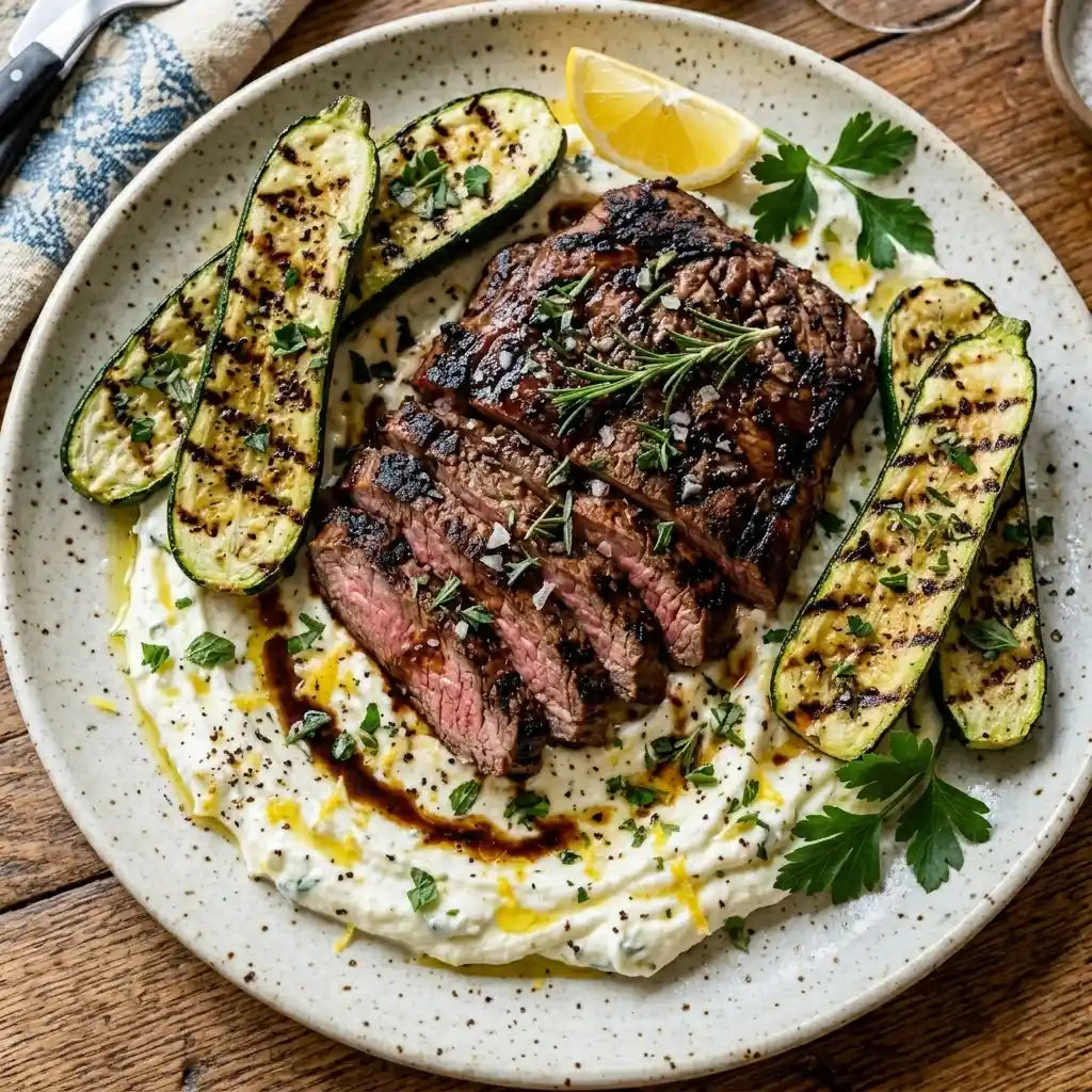 Balsamic Flank Steak with Zucchini and Whipped Feta