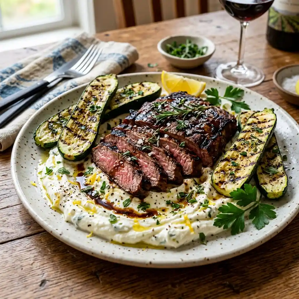 Balsamic Flank Steak with Zucchini and Whipped Feta