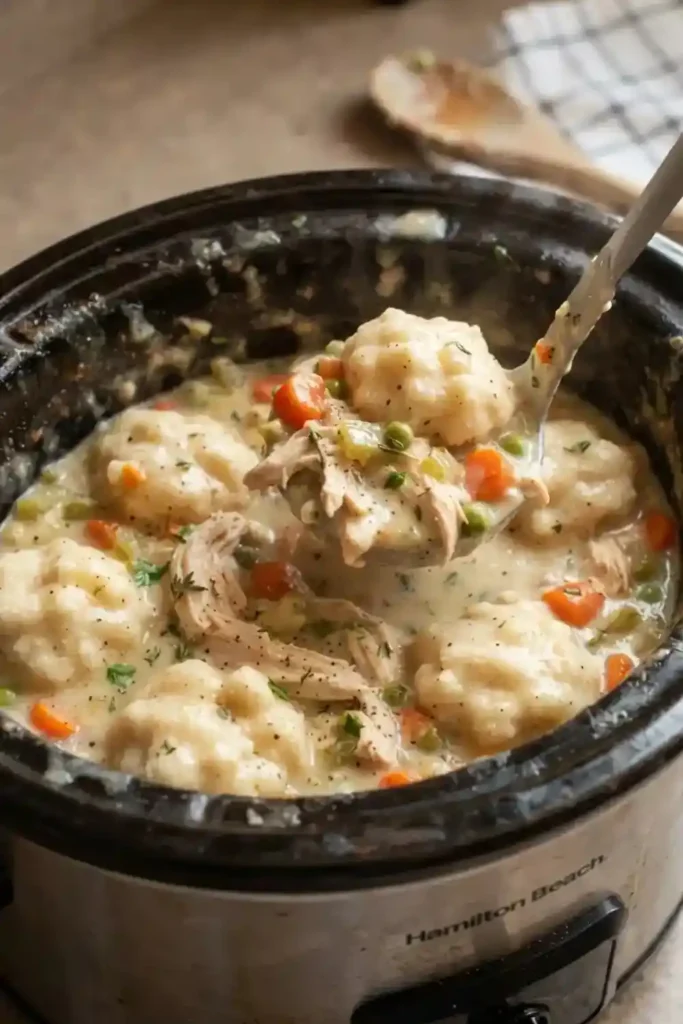 Crockpot creamy gluten-free chicken and dumplings