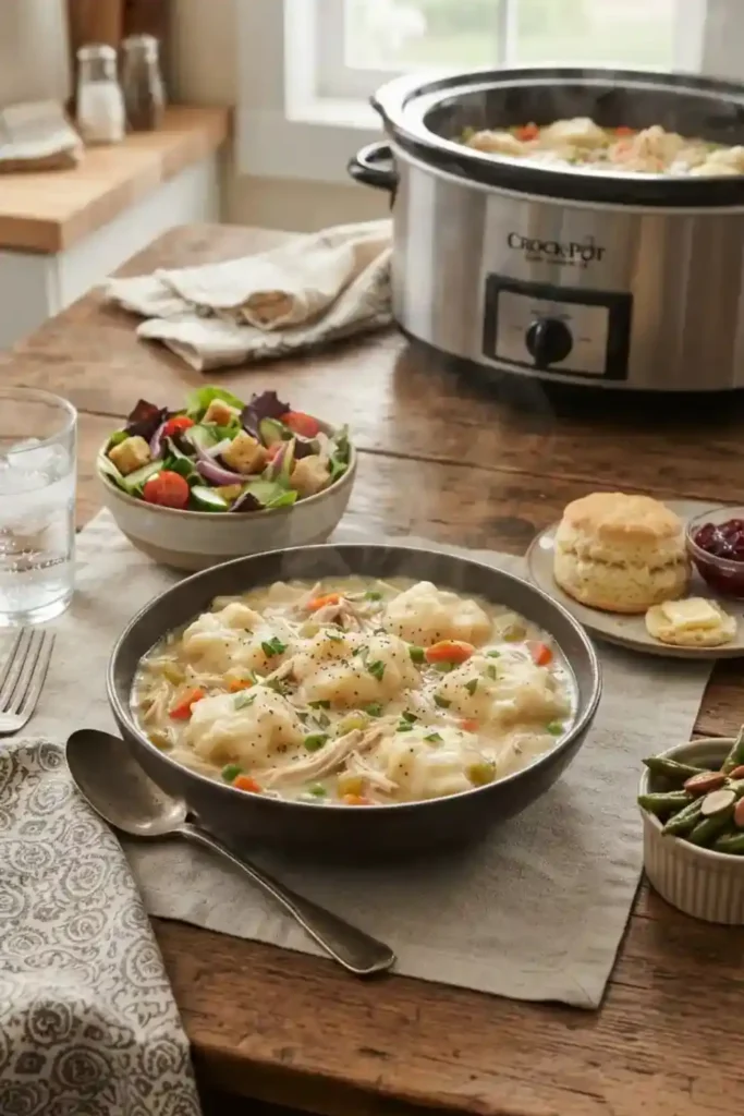 Crockpot Creamy Chicken and Dumplings served with side dishes and garnishes