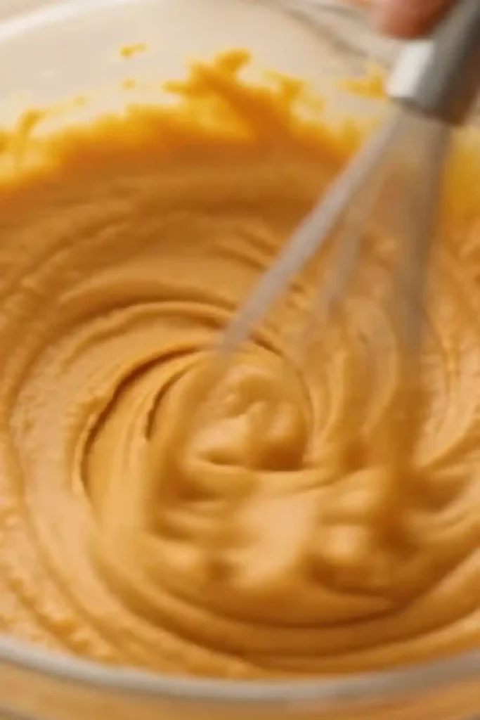 Whisking smooth pumpkin waffle batter in a bowl