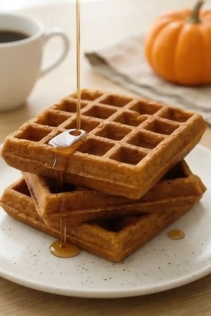 Stack of pumpkin waffles with butter and syrup, coffee and pumpkin in background