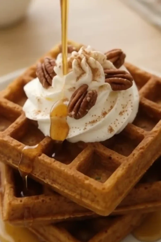 Pumpkin spice waffles with whipped cream, pecans, and syrup drizzle