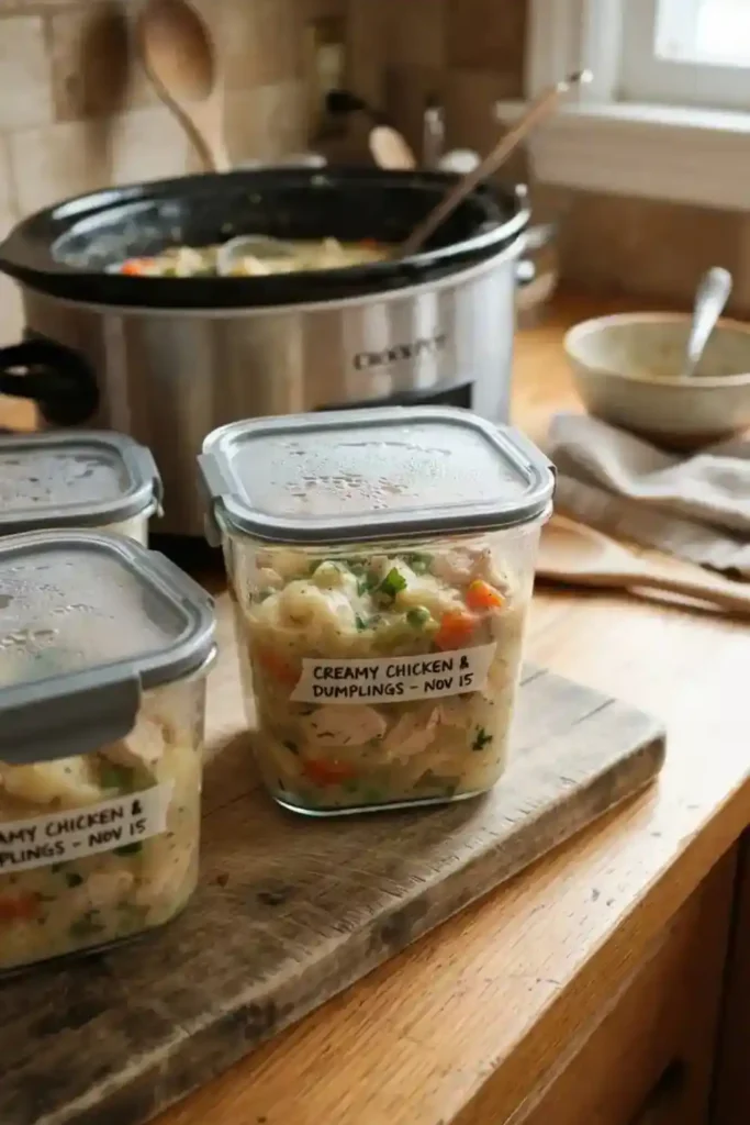 Storing Crockpot Creamy Chicken and Dumplings in airtight containers