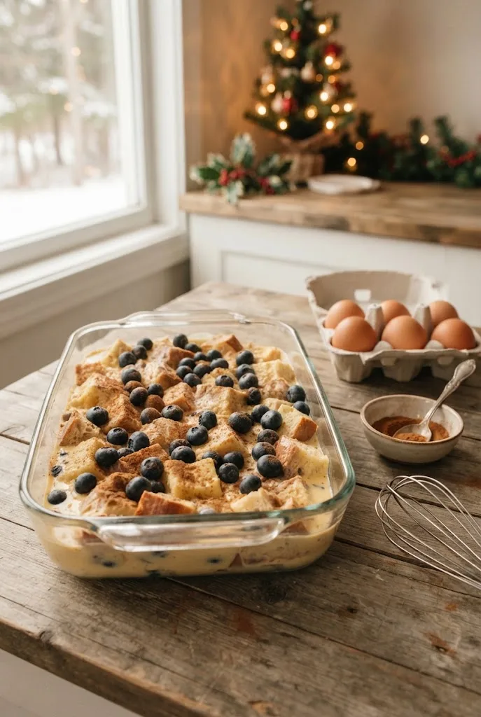 Baking dish of bread cubes soaked in custard and topped with blueberries, assembled the night before Christmas breakfast