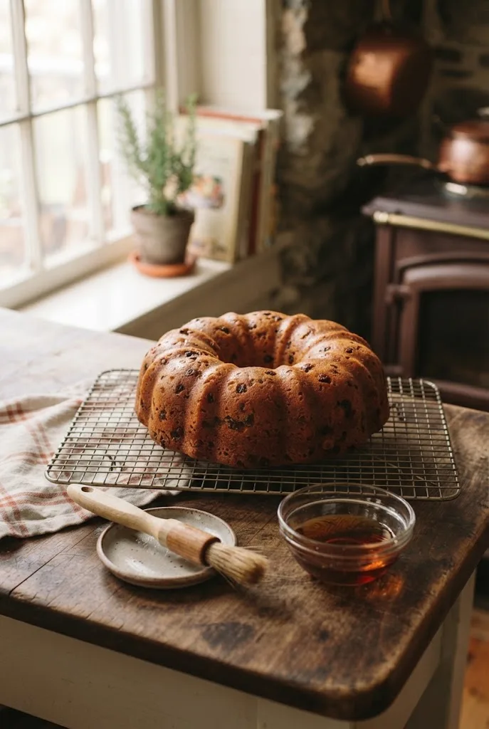 Baked Christmas fruit cake bundt cooling on a wire rack with a pastry brush and small bowl of brandy