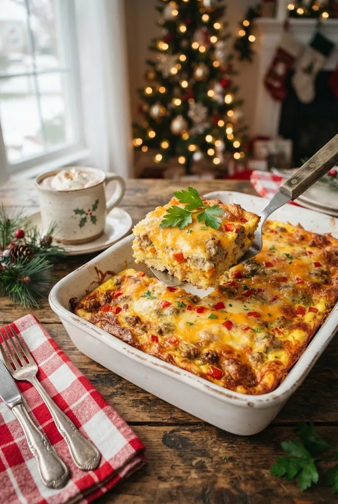 Golden baked egg and hashbrown breakfast casserole in a white dish with a serving spoon for Christmas breakfast