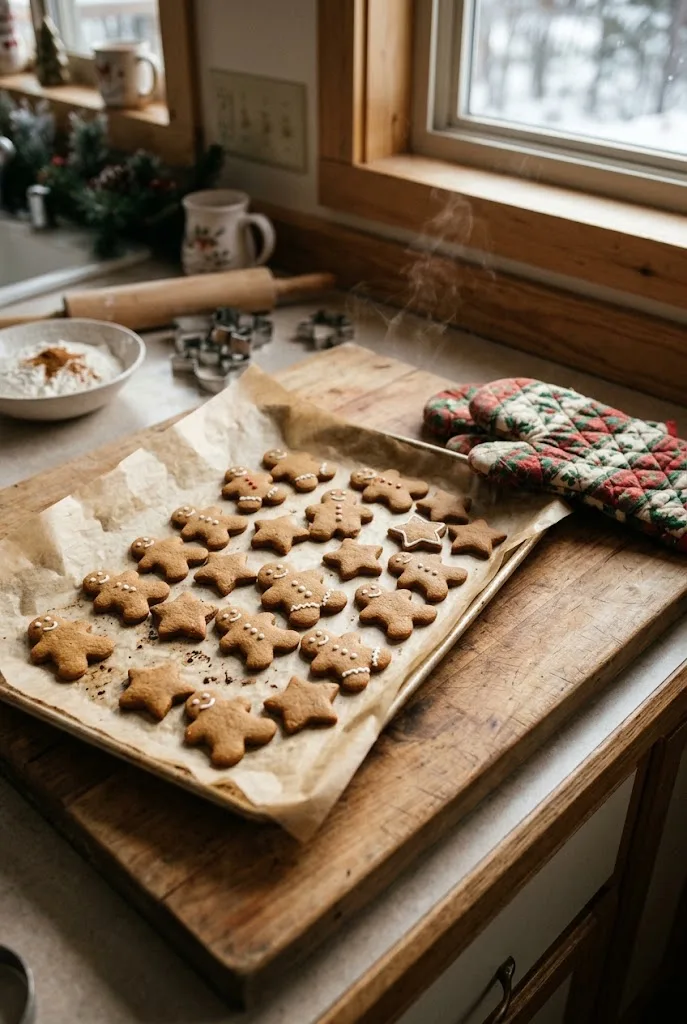 Baked gingerbread cookies on a parchment-lined baking sheet fresh from the oven, still slightly soft in the centers