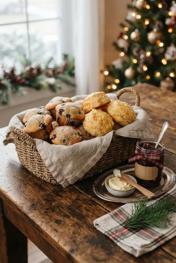 Basket of blueberry muffins and cheddar biscuits with butter and jam, bakes for a Christmas breakfast table