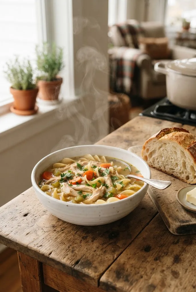 Bowl of chicken noodle soup with carrots, celery and parsley, a comforting soup recipe