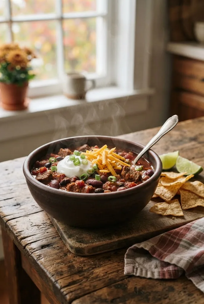 Bowl of beef and bean chili topped with sour cream, cheddar and green onions, one of many easy chili recipes