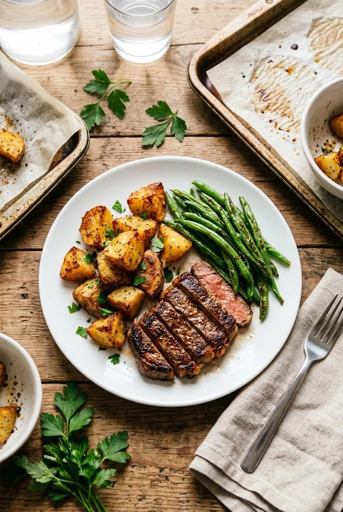 White plate with crispy potatoes, sliced steak and green beans, a simple dinner with crispy potatoes