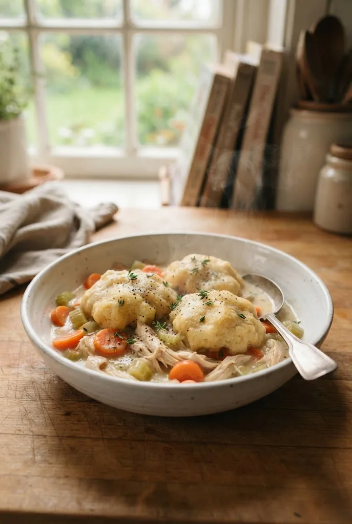 Bowl of crockpot creamy chicken and dumplings with fluffy dumplings and fresh thyme