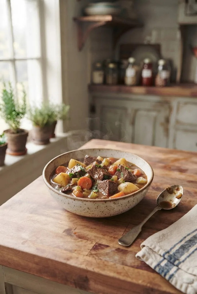 Bowl of slow cooker beef stew with carrots and potatoes on a wooden table