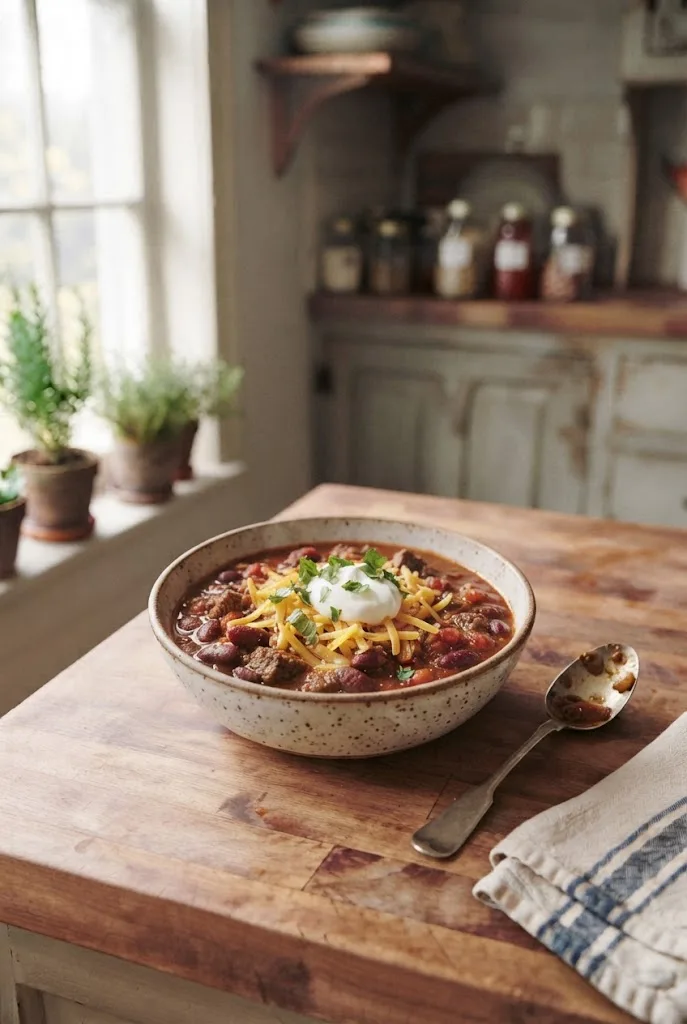 Bowl of slow cooker chili topped with shredded cheese and cilantro