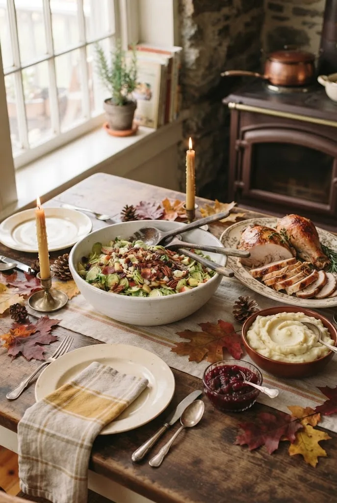 Brussels sprout salad served on a holiday table beside roast turkey, mashed potatoes and cranberry sauce