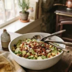 Brussels sprout salad with apple, bacon, pecans, dried cranberries and feta in a white bowl