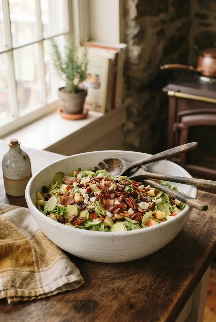 Brussels sprout salad with apple, bacon, pecans, dried cranberries and feta in a white bowl