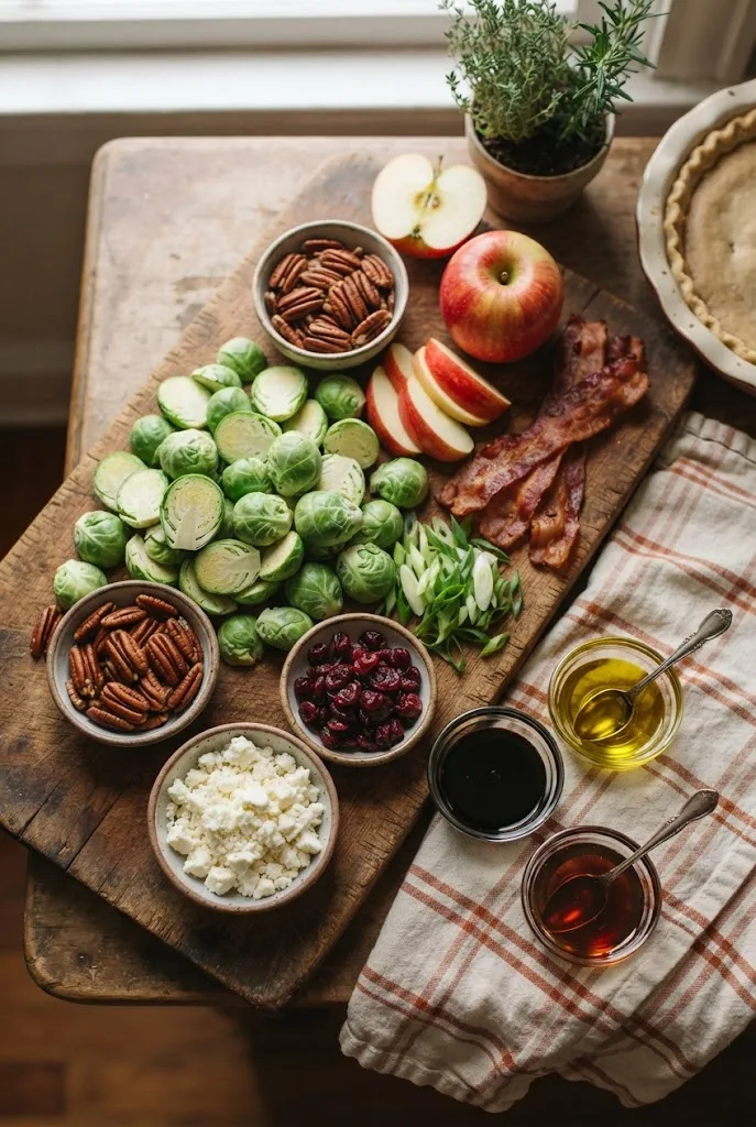 Fresh brussels sprouts, apple, bacon, pecans, dried cranberries and feta, the ingredients for brussels sprout salad
