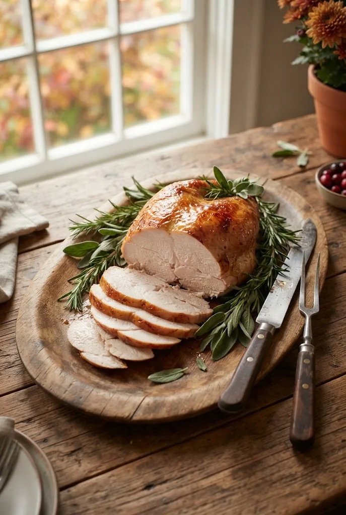 Sliced roast turkey breast on a platter with rosemary and sage, the main dish of a Thanksgiving menu
