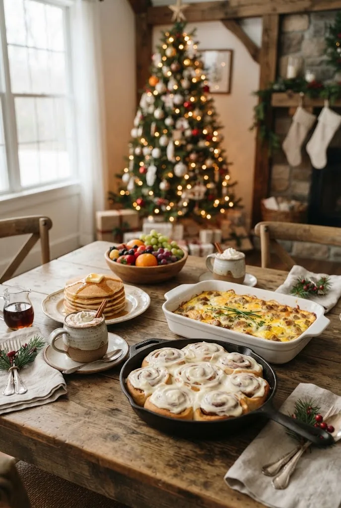 Christmas breakfast table with iced cinnamon rolls, a breakfast casserole, a stack of pancakes and mugs of cocoa