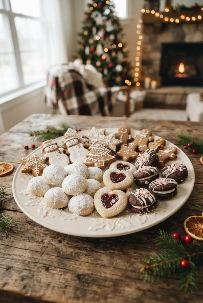 Plate of assorted Christmas cookies with gingerbread, snowballs, thumbprints and chocolate sandwich cookies