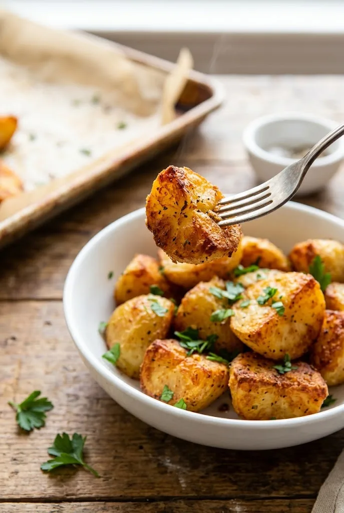 Close-up of a golden crispy potato on a fork showing the crunchy crust, a perfect crispy potatoes bite