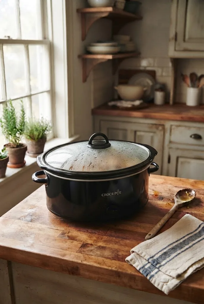 Closed slow cooker with a glass lid and condensation on a kitchen counter