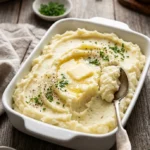 Creamy make ahead mashed potatoes in a white baking dish topped with melting butter and chives