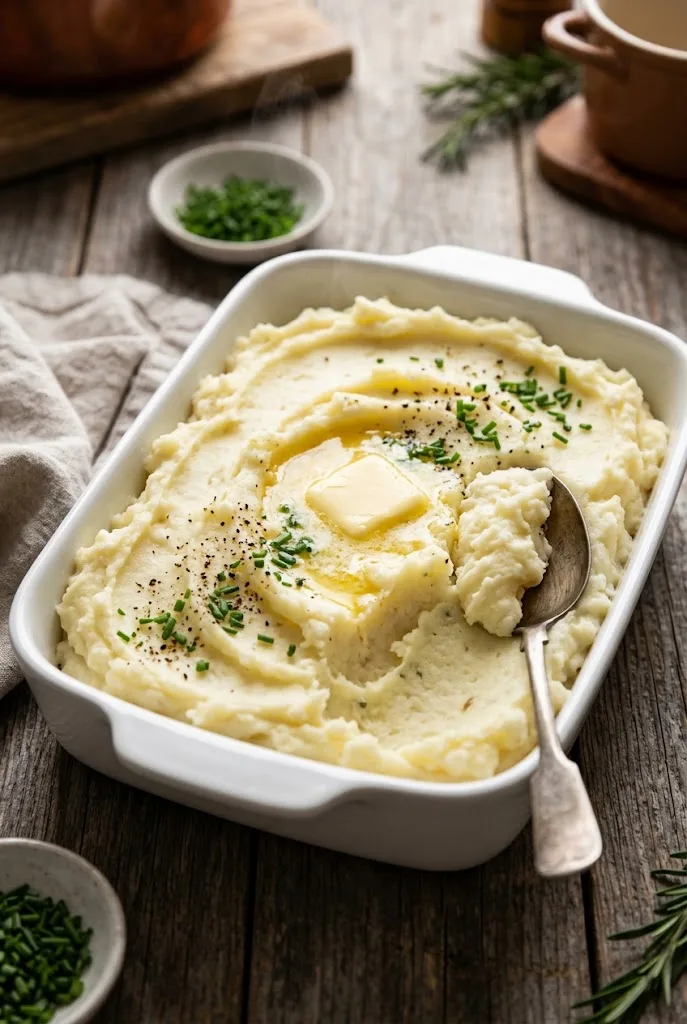 Creamy make ahead mashed potatoes in a white baking dish topped with melting butter and chives