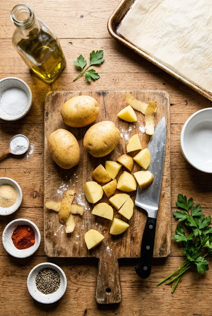 Yukon Gold potatoes, avocado oil, baking soda, salt and spices, the ingredients for crispy potatoes
