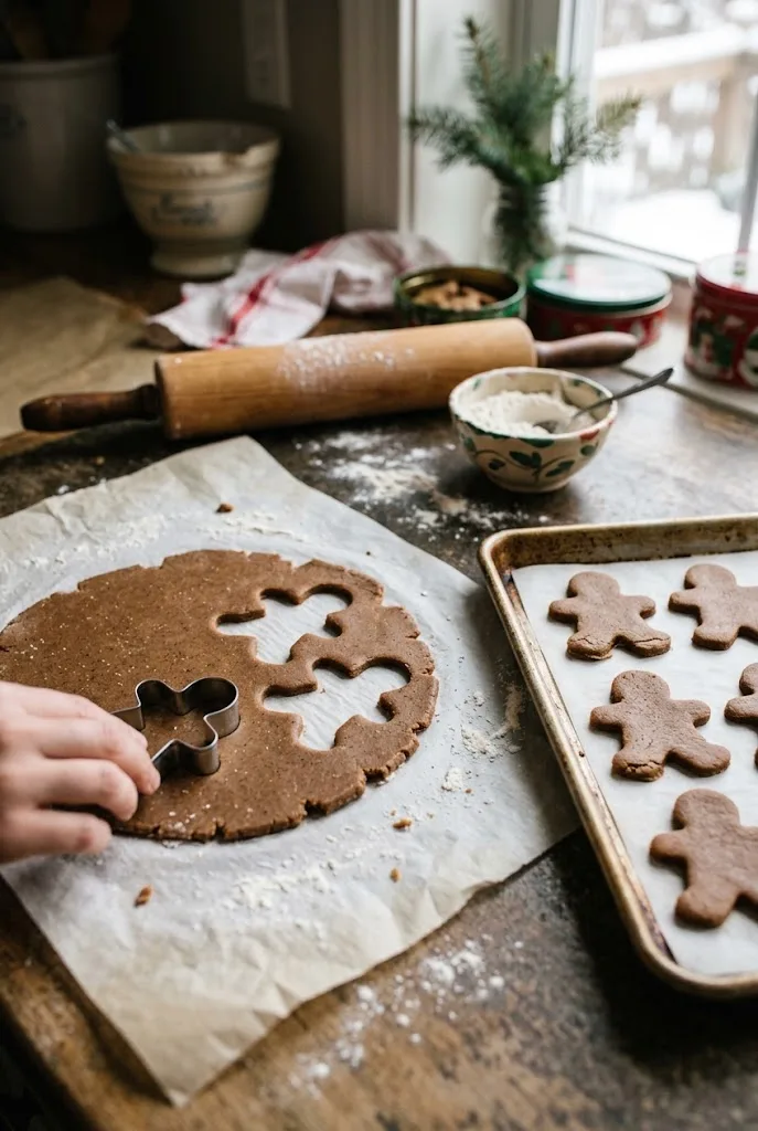 Gingerbread man cutter pressed into rolled gingerbread cookie dough on parchment with cut shapes beside it