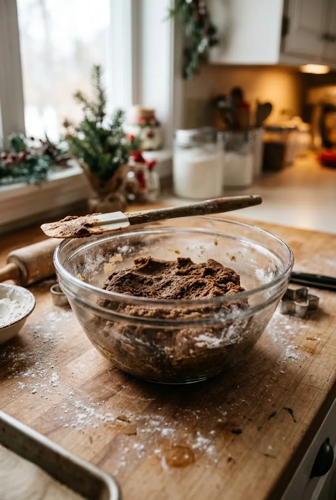 Dark gingerbread cookie dough in a mixing bowl with a spatula, ready to chill for gingerbread cookies
