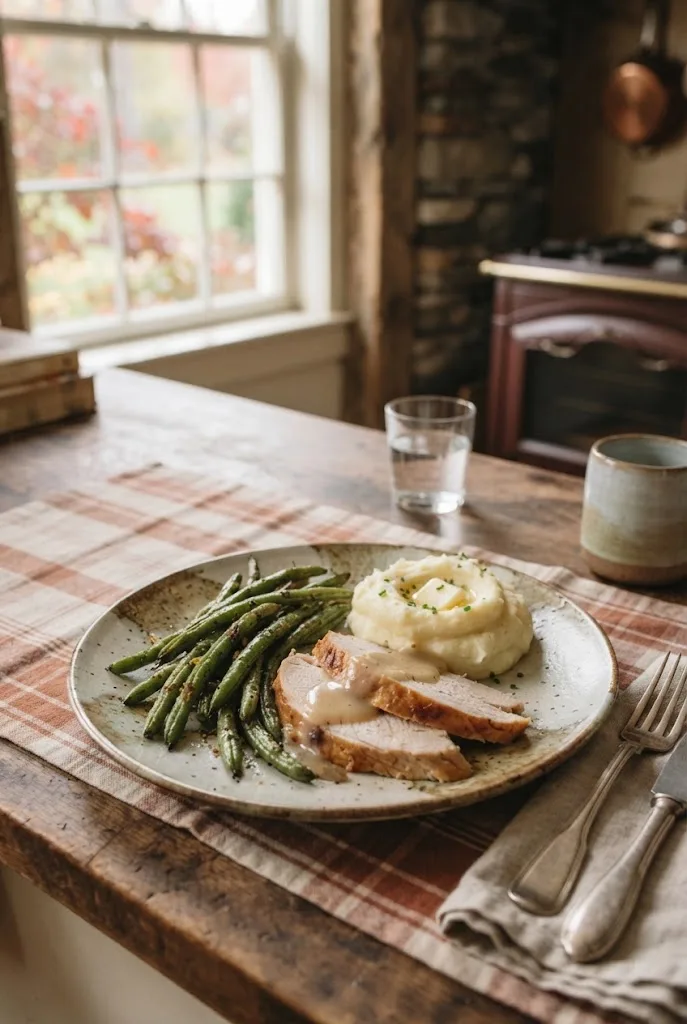 Dinner plate with roasted green beans, sliced turkey and mashed potatoes